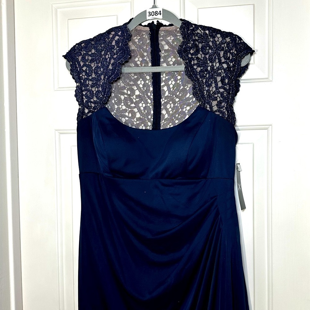Xscape Navy Lace Cap Sleeve Gown